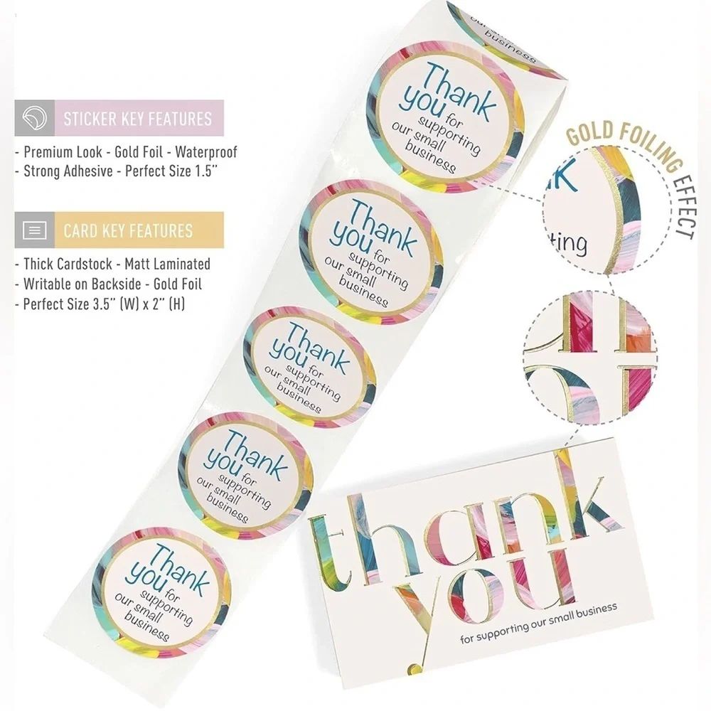 25 THANK YOU Business Cards + 25 Stickers, Starter Set, Colorful, Gold Foil